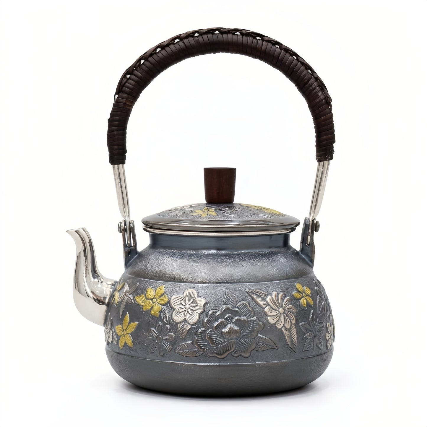 925 Sterling Silver Elegant Metallic Tea Kettle with Intricate Floral Relief and Hand-Woven Rattan Handle - Handicraft