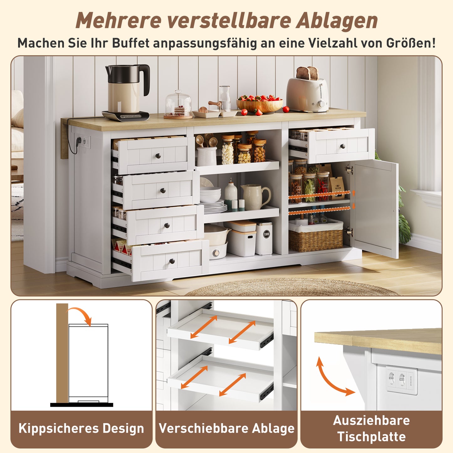Sideboard, Kitchen Island, Bar Cabinet With 5 Drawers, 2 Pull-out Shelves, Foldable Extension Plate And Integrated Sockets, For Kitchen, Dining Room And Living Room, White, 150x65x75 Cm