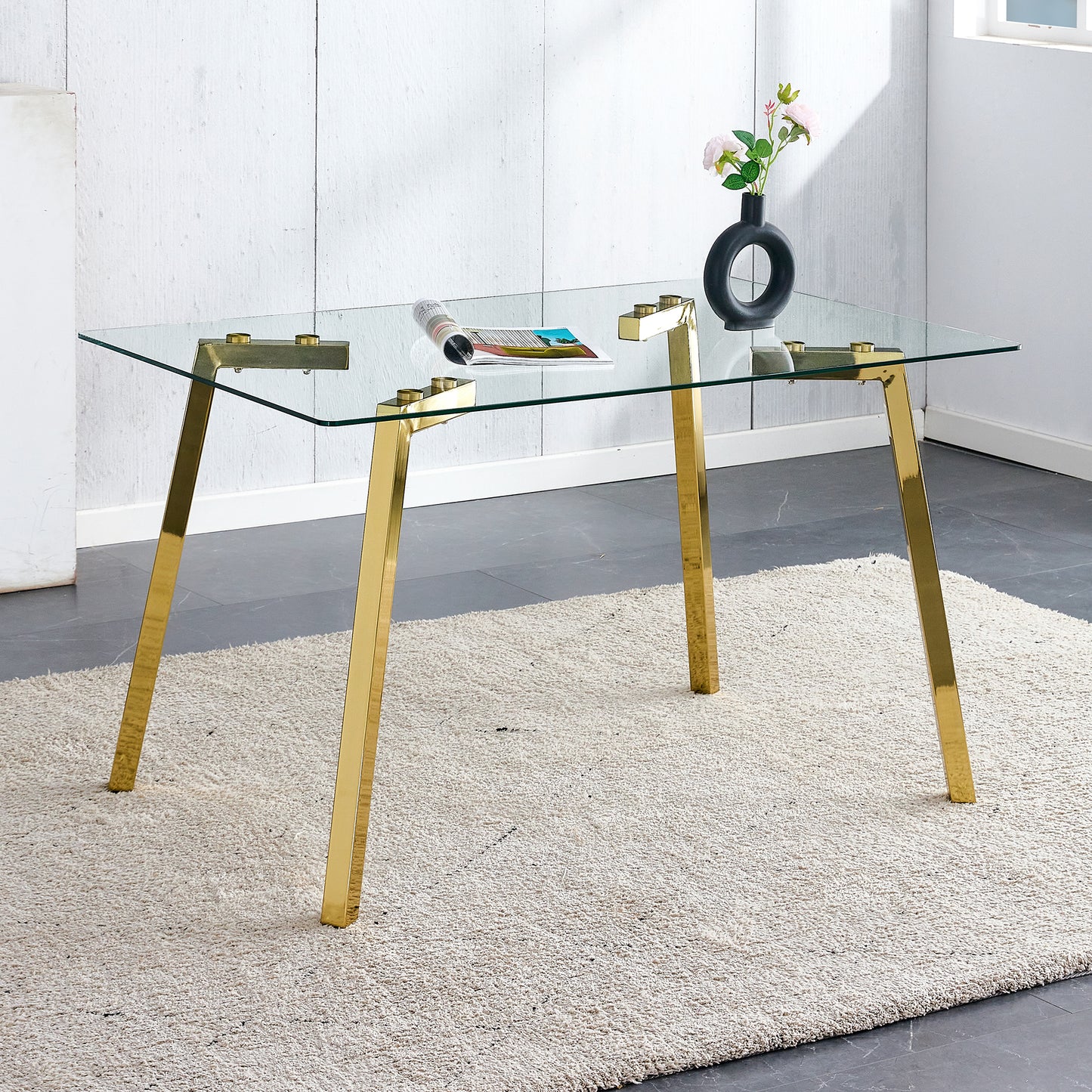 Modern Minimalist Style Rectangular Glass Dining Table With Tempered Glass Tabletop And Golden Metal Legs, Suitable For Kitchen, Dining Room, And Living Room, 51   X31.5x 29.5     1123