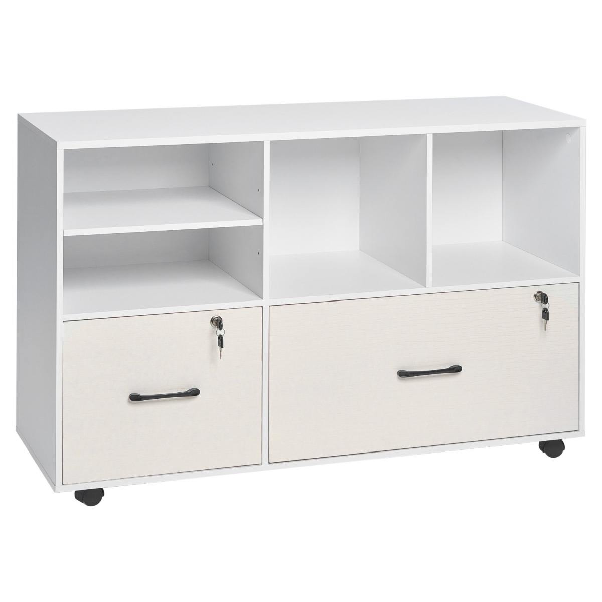 2 Drawer Wooden File Cabinet, Mobile Filing Cabinet With Open Shelves, Lockable Lateral Rolling File Storage With Adjustable Shelves, Free Standing Printer Stand For Home Office School, White