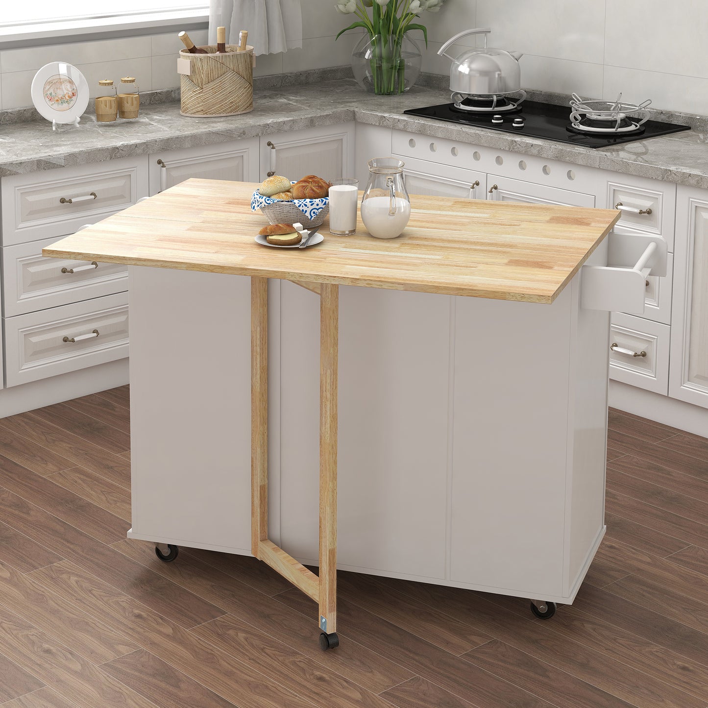 Kitchen Island With Spice Rack, Towel Rack And Extensible Solid Wood Table Top-White