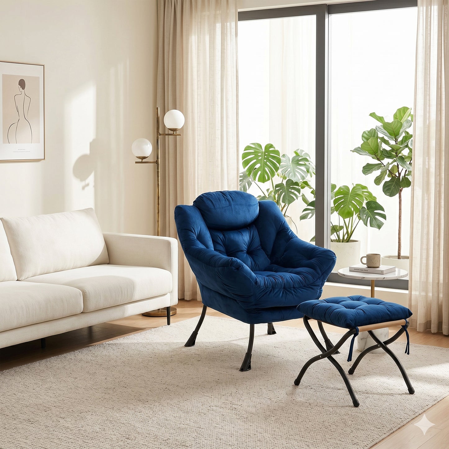 Armchair With Stool, Recliner With Armrests, Side Pocket & Footrest, Lounge Chair, TV Armchair, Wing Chair For Living Room, Bedroom, Office  Dark Blue