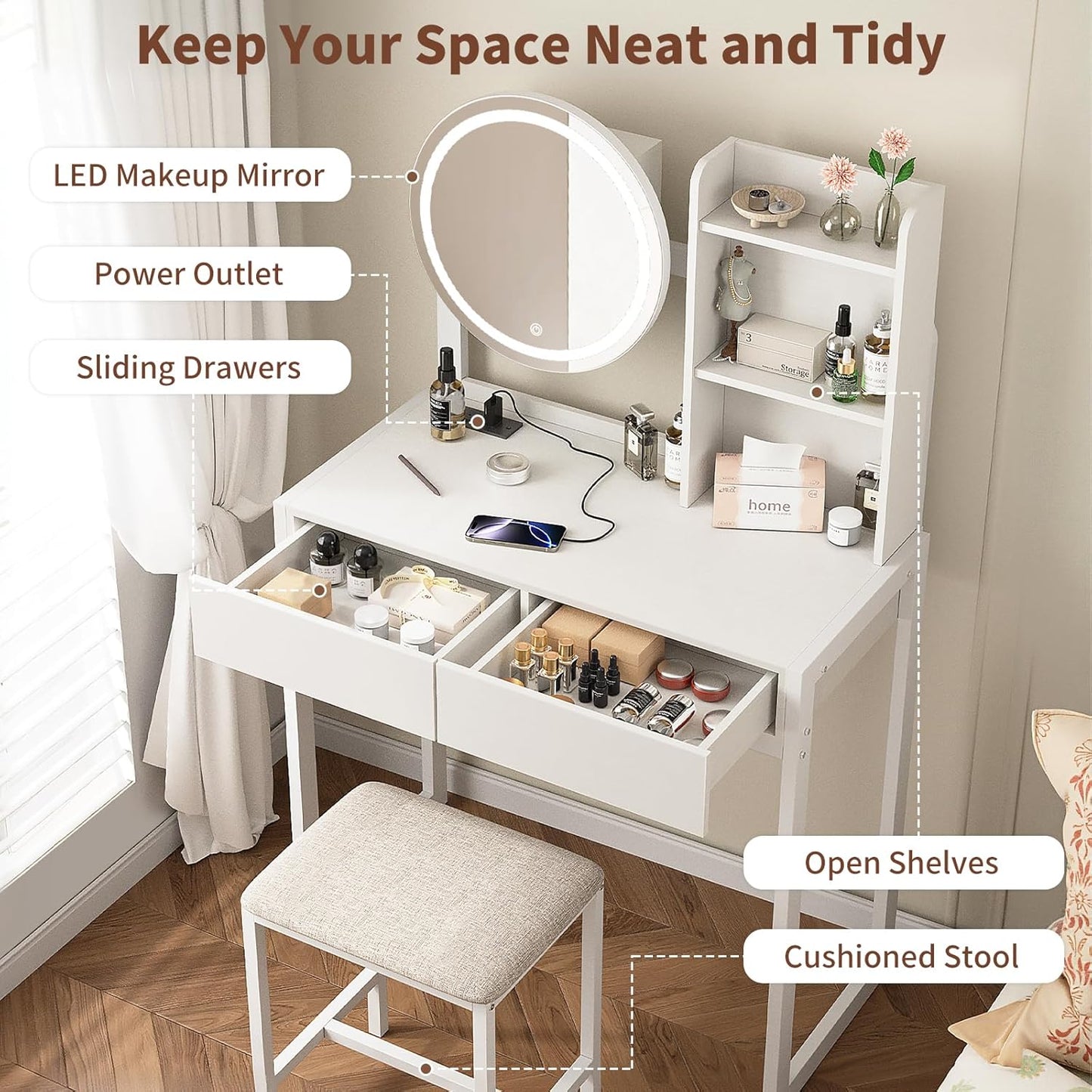 Small Vanity Desk With Mirror And Lights, Makeup Vanity Table With LED Mirror, 3 Lighting Modes, Power Outlet, Drawer, Open Shelves And Cushioned Stool For Bedroom  White