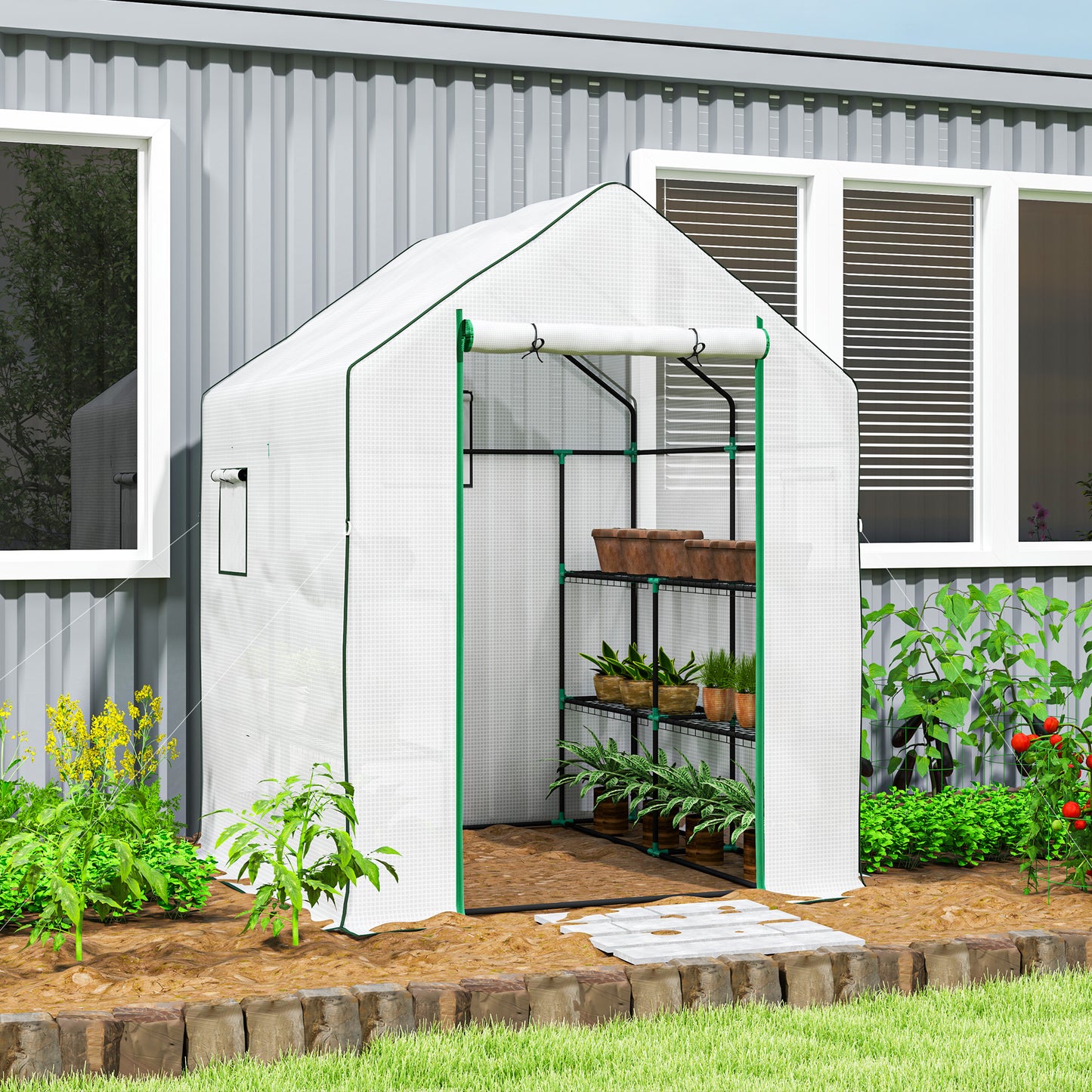 143 X 140cm Walk-In Greenhouse, With Accessories - White