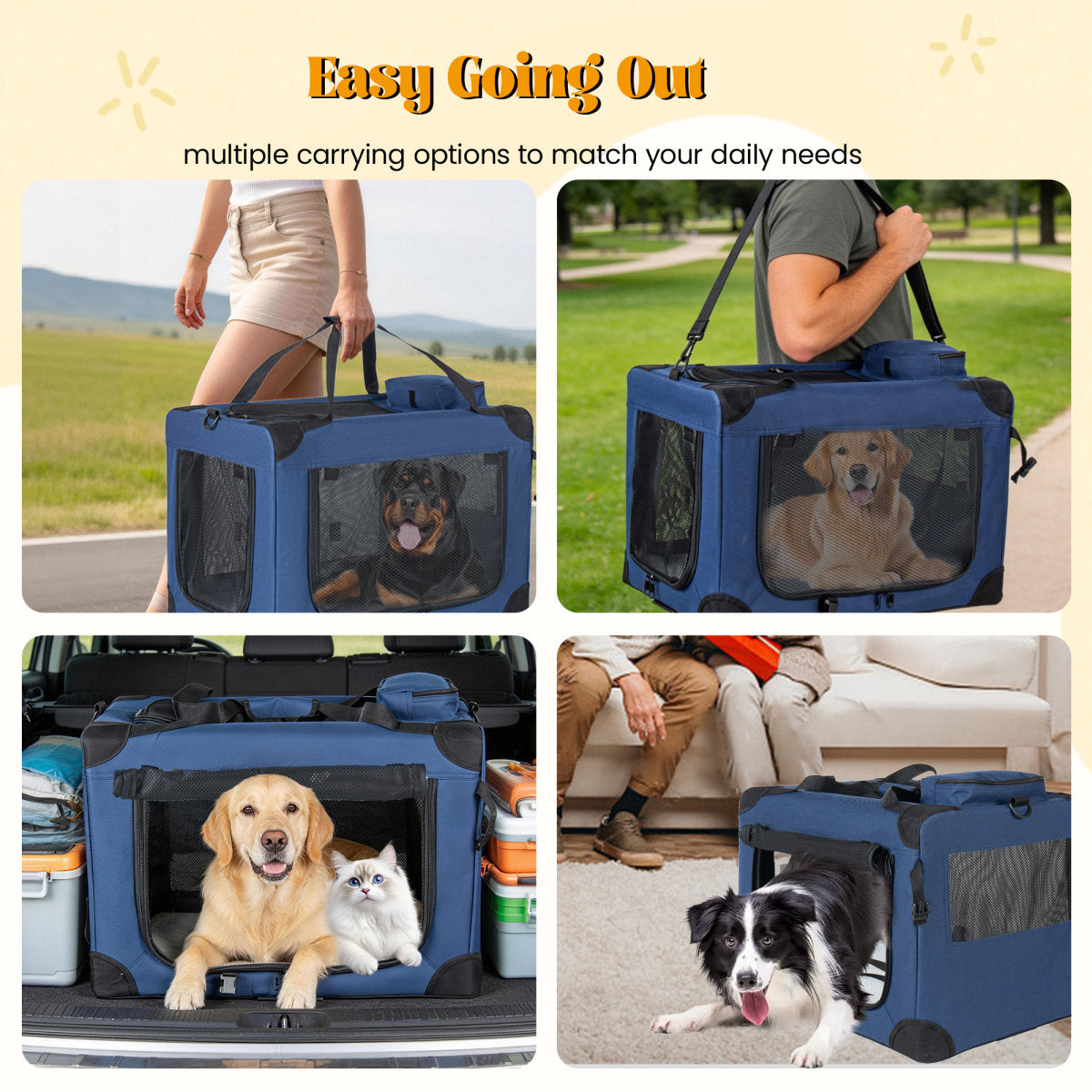 40   Soft Dog Crates Kennel, 3-Door Portable Folding Pet Carrier With Mesh Windows, Straps And Fleece Mat For Dogs, Cats, Rabbits, Meeting The Needs For Indoor, Outdoor, And Travel Use, Dark Blue