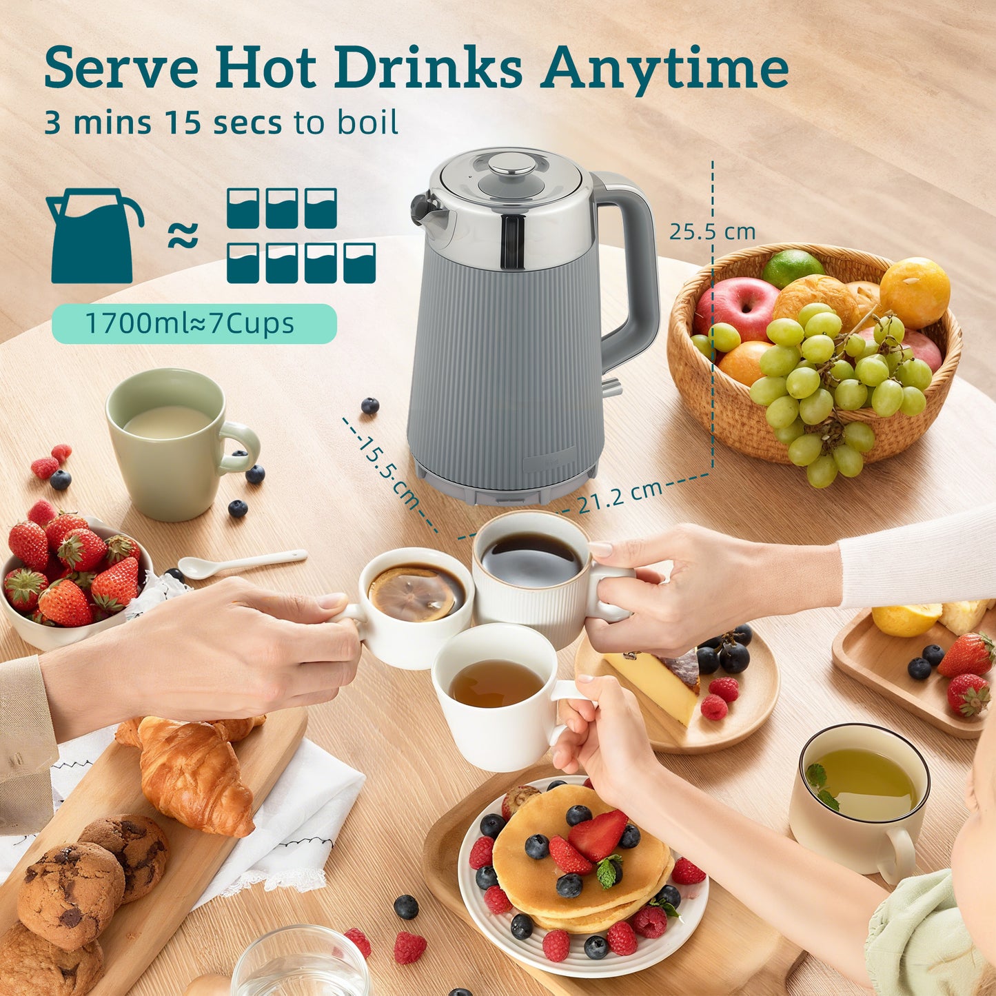 Electric Stainless Steel Kettle And Toaster Set, 3000W 1.7L UK Strix Thermostat Fast Boil Kettle W/ Limescale Filter, Cool Touch Body, 4 Slice Toaster With 7 Browning Levels, Crumb Tray, Taupe