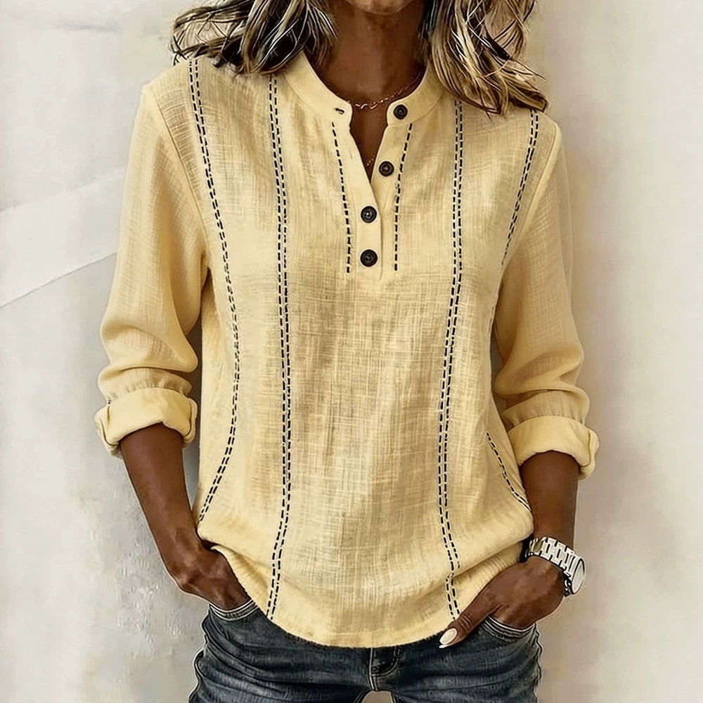 New Summer Loose Fitting Mandarin Collar Long-Sleeve Shirt