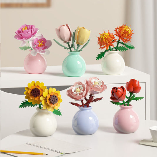 Building Block Flower Educational Assembled Toys Vase Series Ornaments