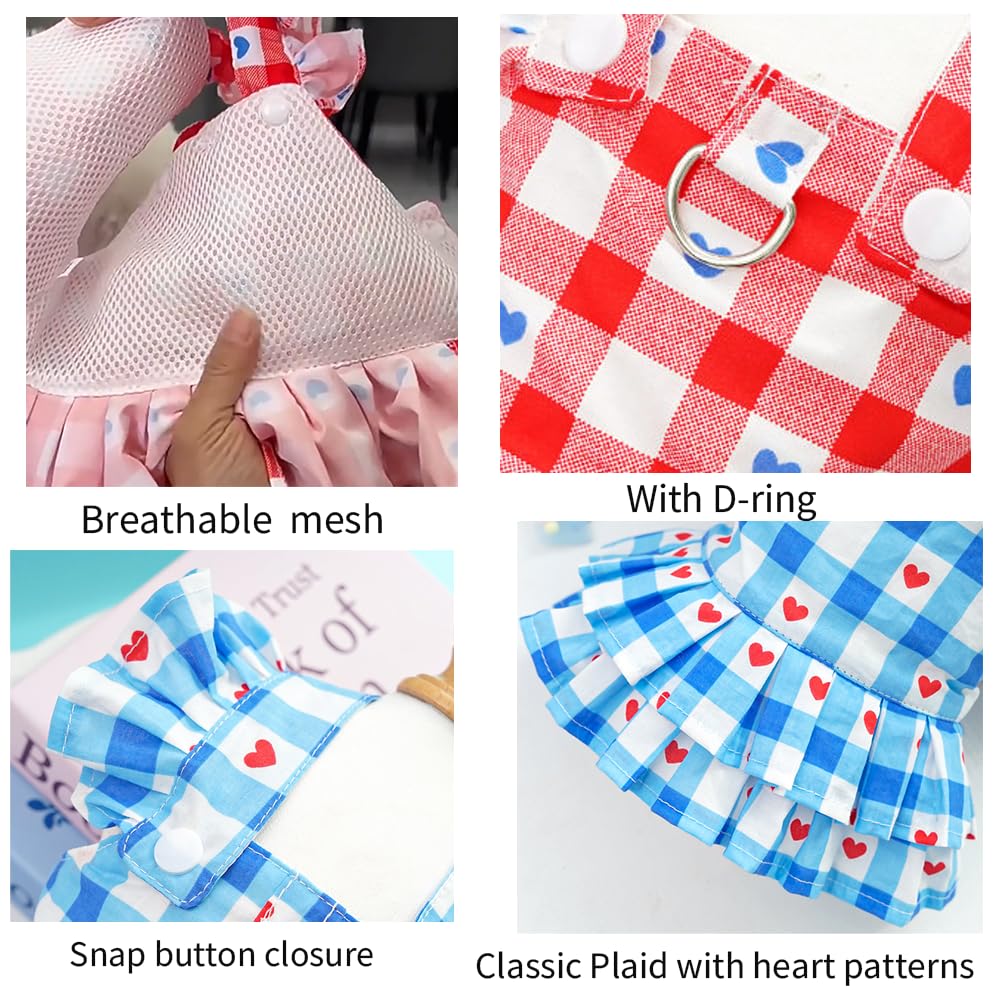 Red Plaid Small Dog Dress Girl Spring Cat Clothes With Heart Pattern Summer Pet Dresses For Dogs Cats Cute Puppy Outfit For Small Dog With Leash Ring