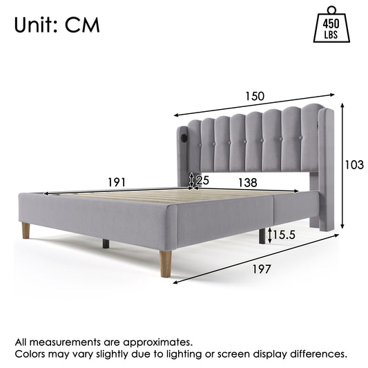 Upholstered Double Bed With USB And Type-C Charging, Bed Frame With Wooden Slatted Frame, Teenager Bed For Bedroom & Guest Room,4ft6 135 X 190 Cm Bed Frame, Grey, Linen Material