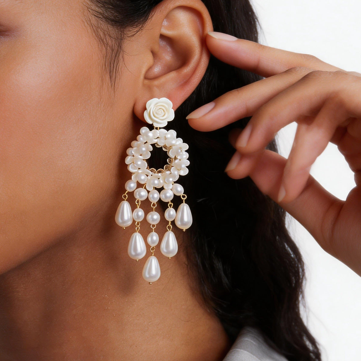 French Vintage Pearl Rose Tassel Dangle Earrings For Women, Light Luxury High-End Niche Unique Design Fashion Stud Ear Jewelry