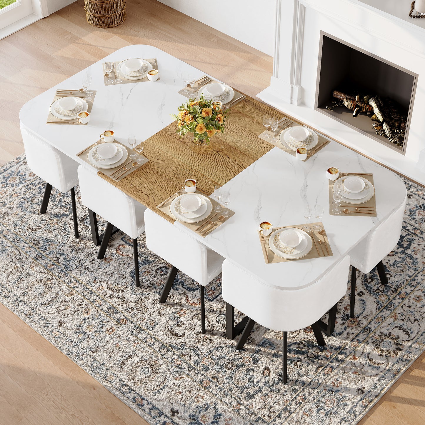 9-Piece Square Dining Table Set, Fixed White Faux Marble & Wood Grain Triamine Tabletop With 8 White Faux Leather Chairs, Modern Kitchen Table Set For 8 People, Ideal For Family Gatherings