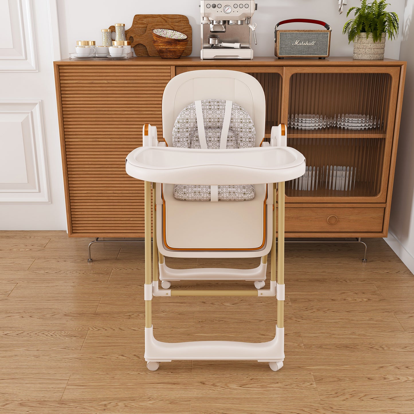 Convertible Baby High Chair To Rocker With 5-Point Harness, Foldable Infant Feeding Chair With Silent Locking Wheels & Removable 2-Tier Easy-Clean Tray For 6M-3Yrs  White