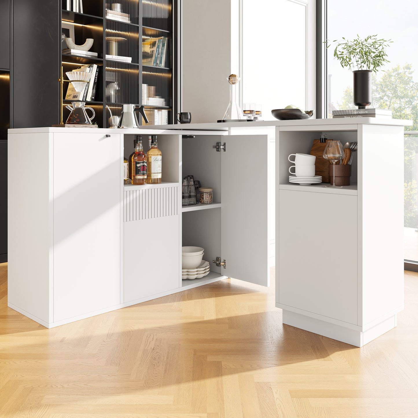 360 Swivelling Bar Table Main Body 198.5 X 30 X 75 Cm Modern And Sleek Design, With Open Storage Space And Marble Worktop, Suitable For Kitchen, Living Room And Dining Room, White