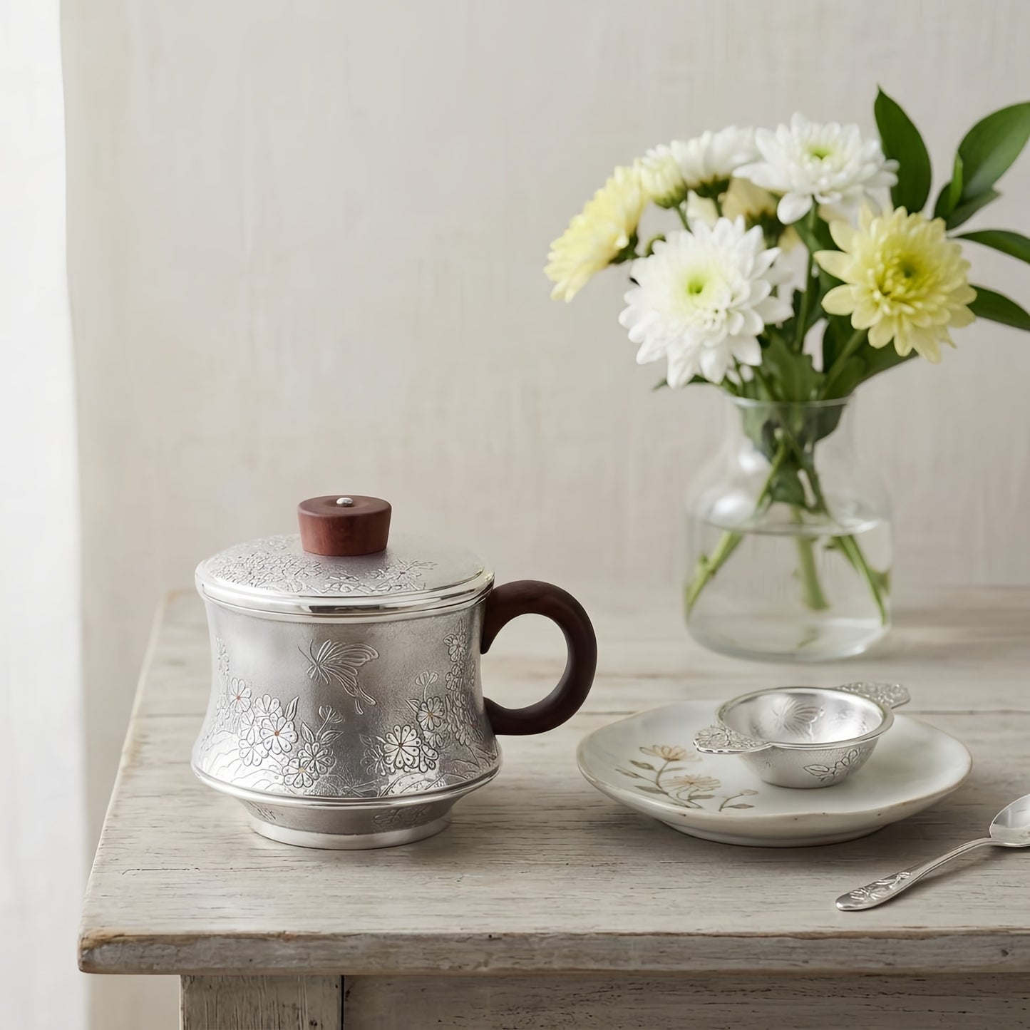 925 Sterling Silver Artisan Silver Butterfly and Floral Embossed Tea Mug with Wooden Accents - Handicraft