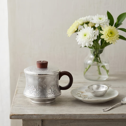 925 Sterling Silver Artisan Silver Butterfly and Floral Embossed Tea Mug with Wooden Accents - Handicraft