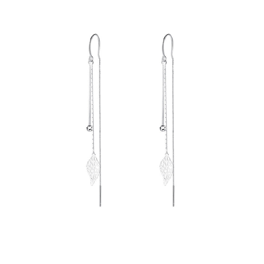 1 Pair 999 Sterling Silver Hollow Leaf Long Tassel Threader Earrings, Minimalist & Elegant, Perfect For Daily, Dating & Business, Ideal Valentine's Gift