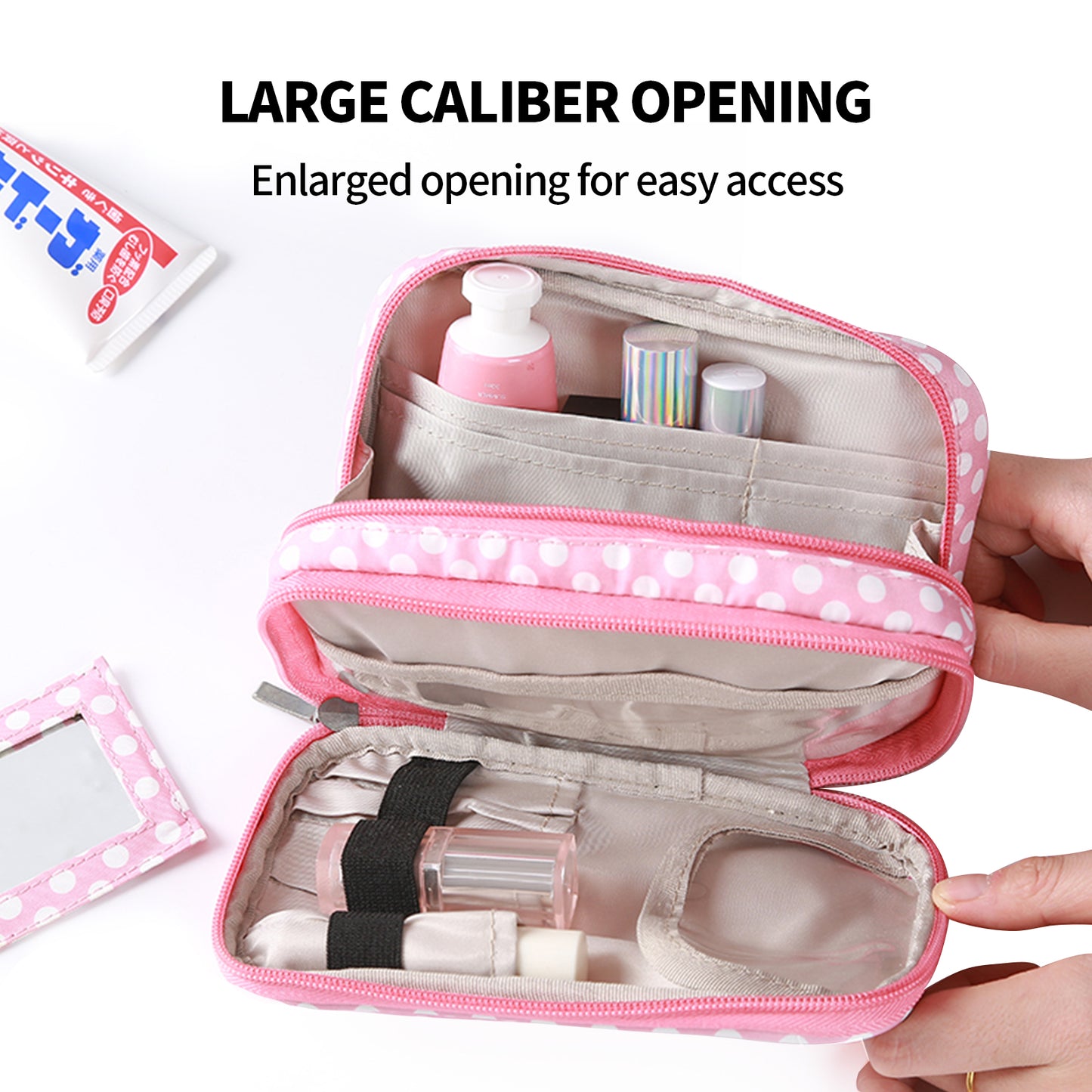 2 Layer Makeup Bag W Mirror Travel Cosmetic Bag Organizer Brush Slots Portable