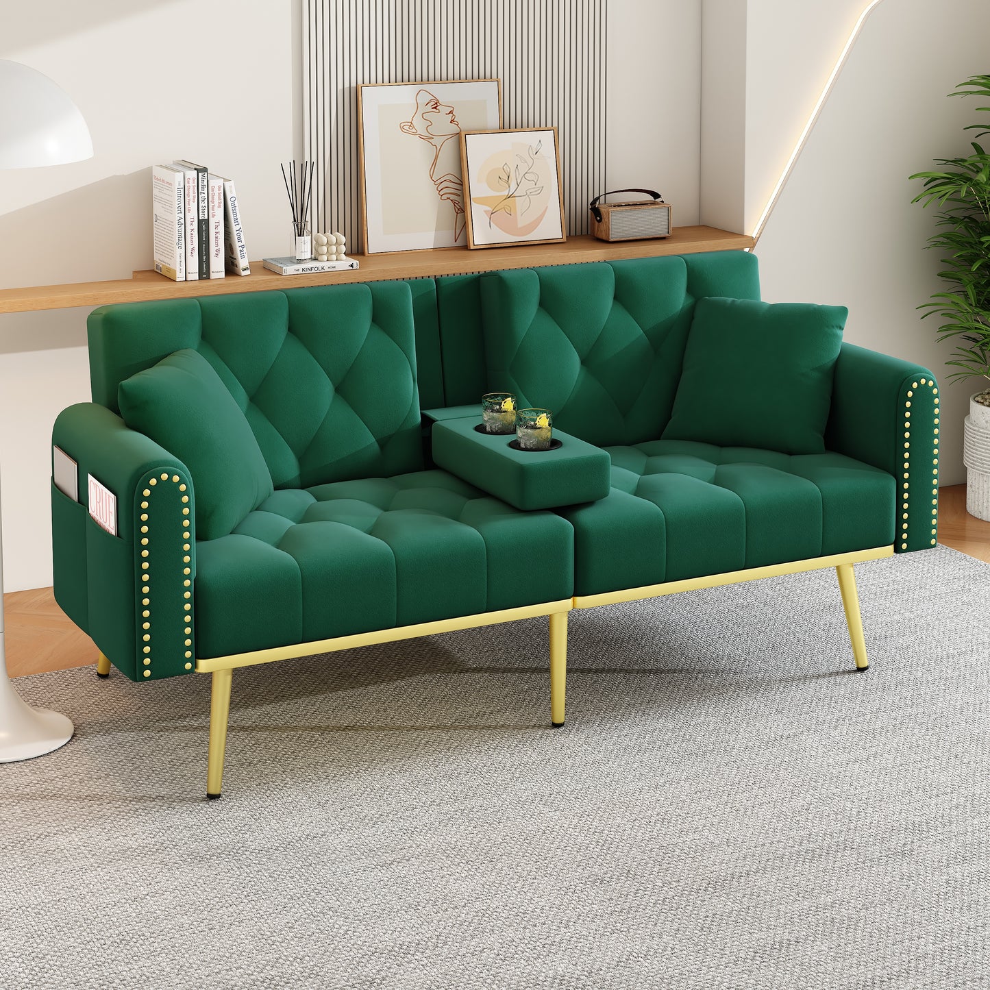 Double Fold Out Sofa Bed With Reclining Function, Three Adjustable Tilt Angles And Cup Holder. Suitable For Living Room, Bedroom, Home Theater Or Guest Room. Fabric Cover. Green