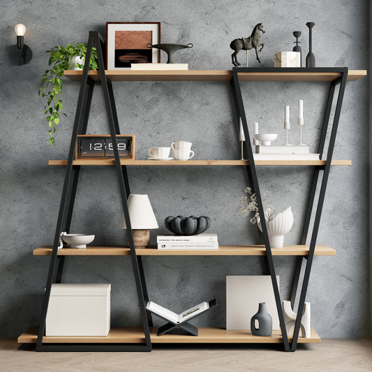 158x35x166 Cm Geometric Standing Shelf  Bookcase  Open Metal Shelf With 25 Mm Thickened MDF Wooden Floors, Triangle Design, For Living Room, Kitchen & Study,Shelf - Bookcase