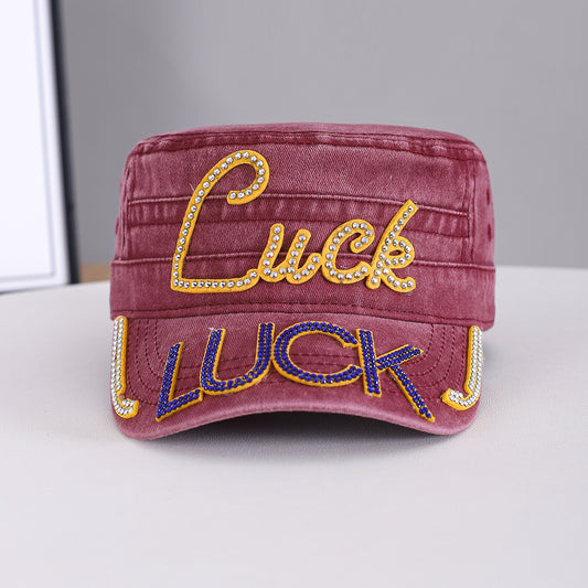 Summer Men's Solid-color Rhinestone-embroidered Letter  LUCK Water-washed Retro Sun-protective Street Fashion Hat For Gatherings, Street Dance, Casual Sports