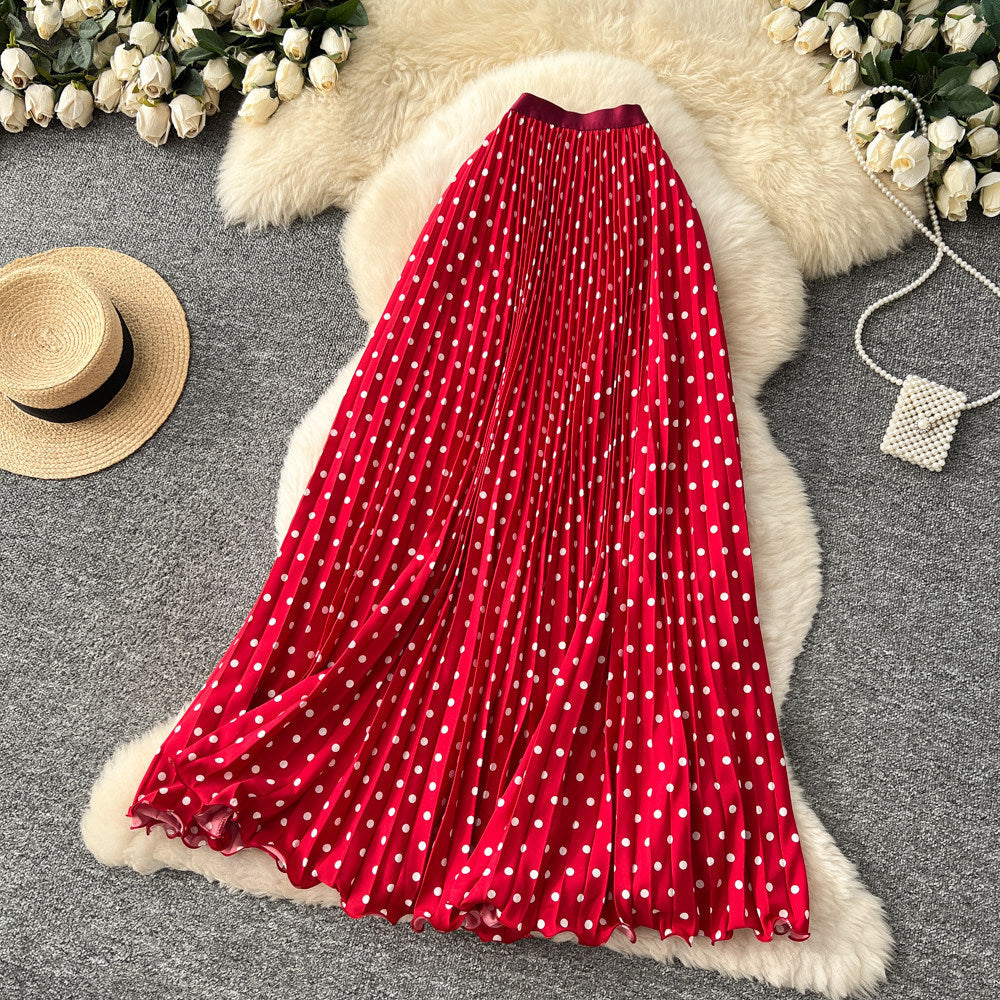 Korean-style Mid-length Polka-dot Pleated Skirt Elegant Midi Skirt