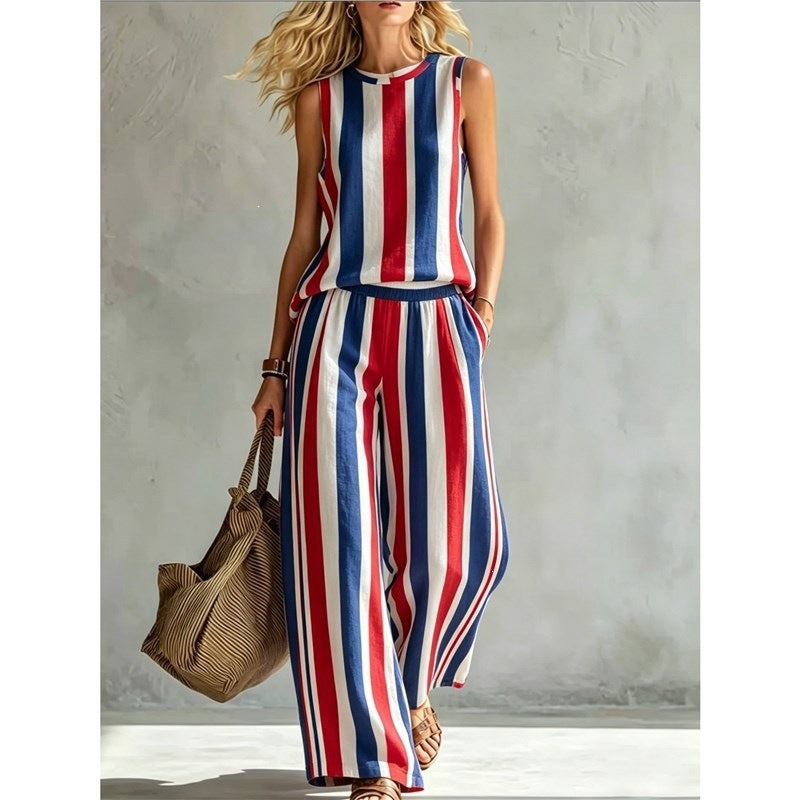 New-style Rainbow Tie-dye Sleeveless Crew-neck Top And Wide-leg Pants Womens Casual Two-piece Set