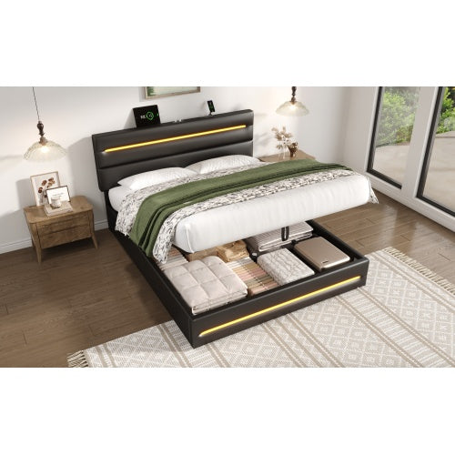 5ft King Upholstered Bed Frame With Hydraulic Storage, PU Ottoman Bed With LED Lighting And Charging Station, LED Adjustable Headboard With USB And Type - C Ports, Black