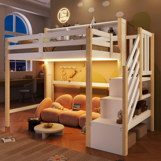 Loft Bed, 90x200cm, With LED Lights, Large Storage Space Under The Bed, Storage Ladder, Open Storage Compartment, Without Mattress, White Natural