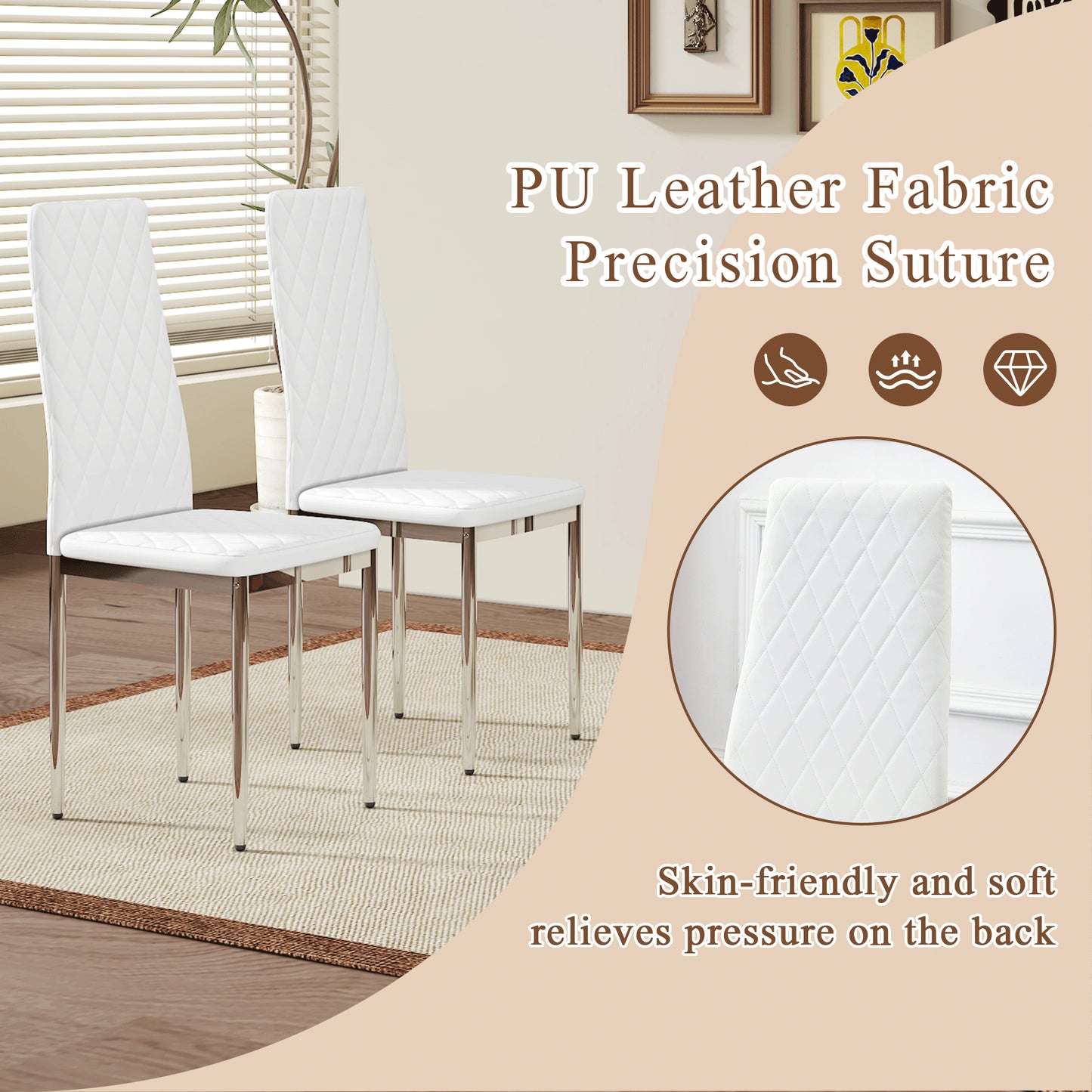 Modern Style Dining Chairs Set Of 6 In White, Essential For Minimalist Homes.Meeting Family Dining Needs,PU Material Seat,Silver Metal Legs,Blending Into Various Home Environments.W1151107276