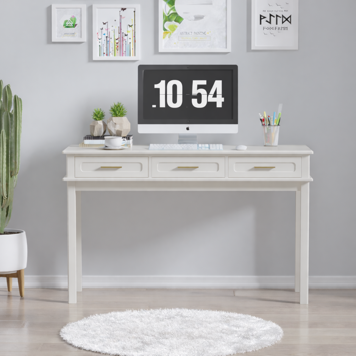Cream White Vanity Desk With 3 Drawers, Modern Makeup Table Or Writing Desk, Multipurpose Dressing Table For Bedroom, No Mirror Included