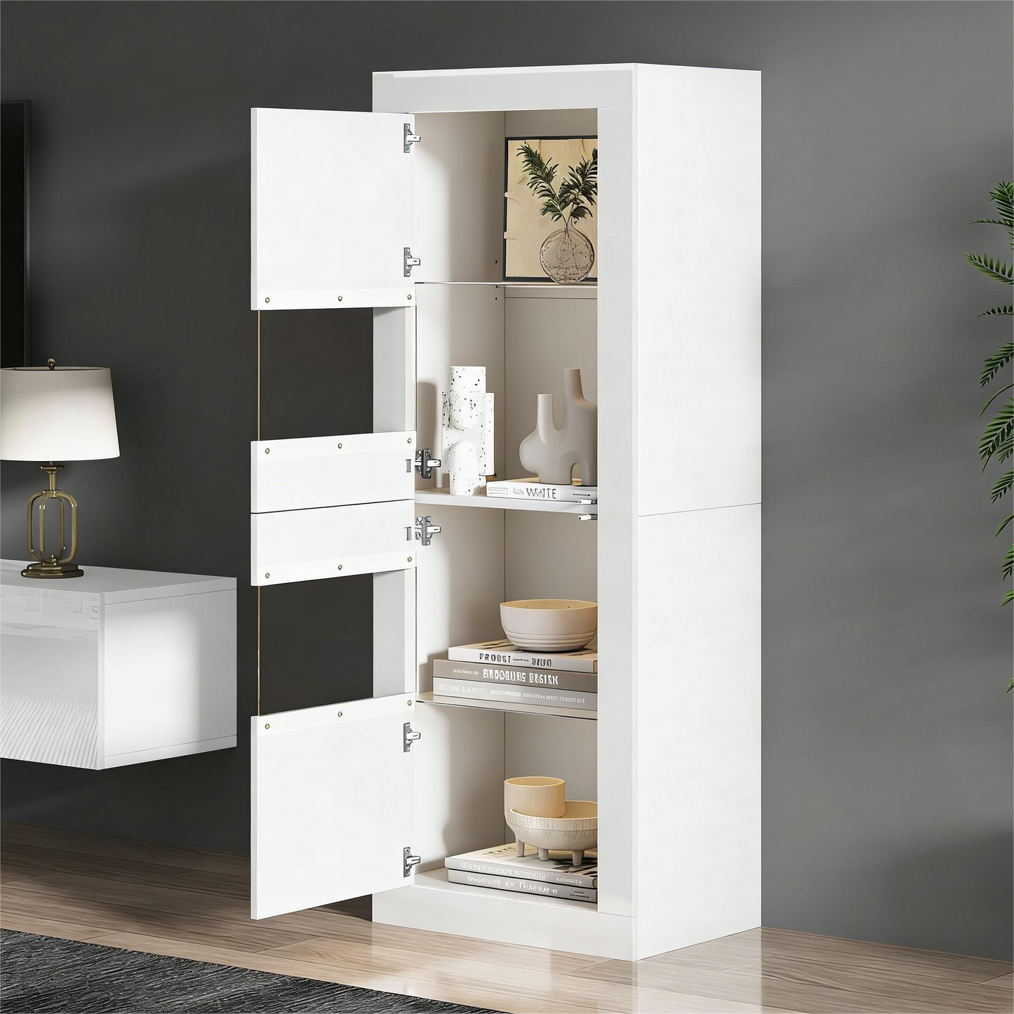 White Display Cabinet With LED Lighting, 1 Glass Shelf, Display Cabinet, Freestanding Display Cabinet, Tall Cabinet, Storage Cabinet.