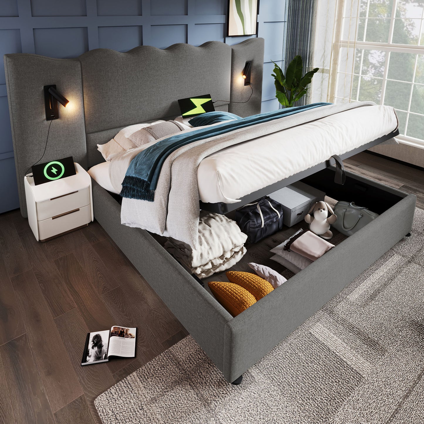 Upholstered Bed Double Bed 180x200 With Reading Lamp And USB Type-C Charging Function, Storage Bed Frame With Slatted Frame Made Of Solid Wood And Metal, Grey, Linen  Without Mattress