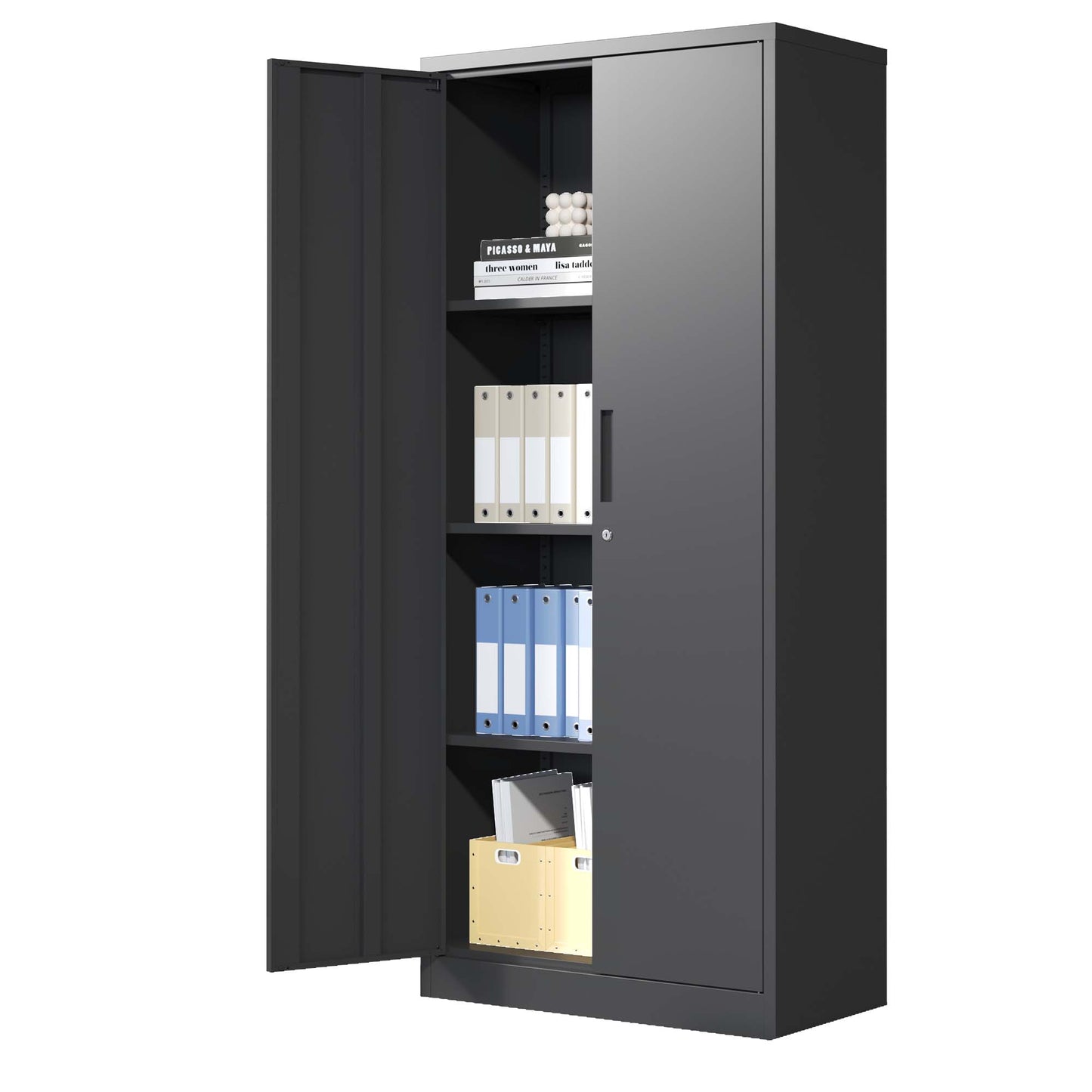 71 H Metal Garage Storage Cabinet, Black Tool Steel Locking Cabinet With Doors And 3 Shelves, Tall Cabinets For Garage Storage Systems Lockable File Cabinet For Home Office, Classroom Pantry