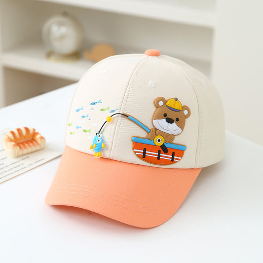 Summer Children's Cartoon Fishing Teddy Bear Patchwork Baby Baseball Cap Suitable For Outdoor Sun Protection And Shade, Ideal For Daily Shopping And Outings.