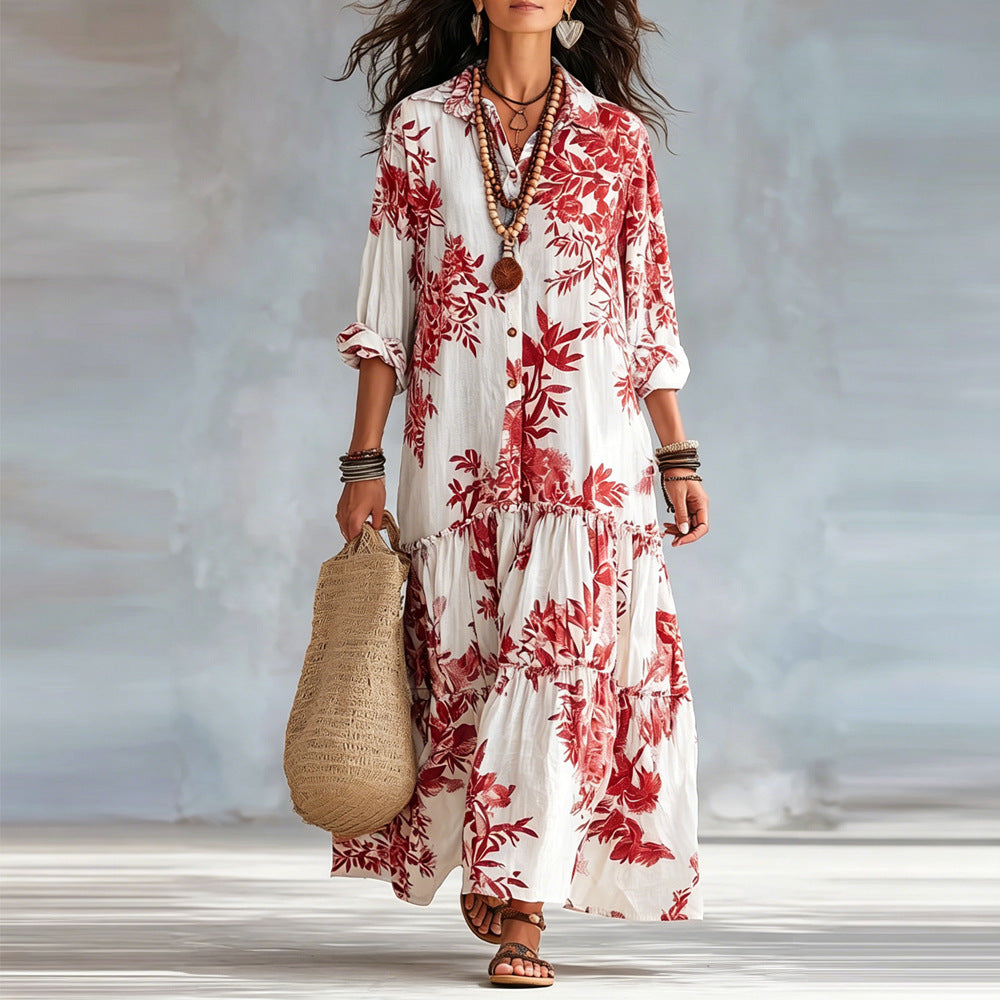 New Womens Casual Long-sleeve Lapel Dress