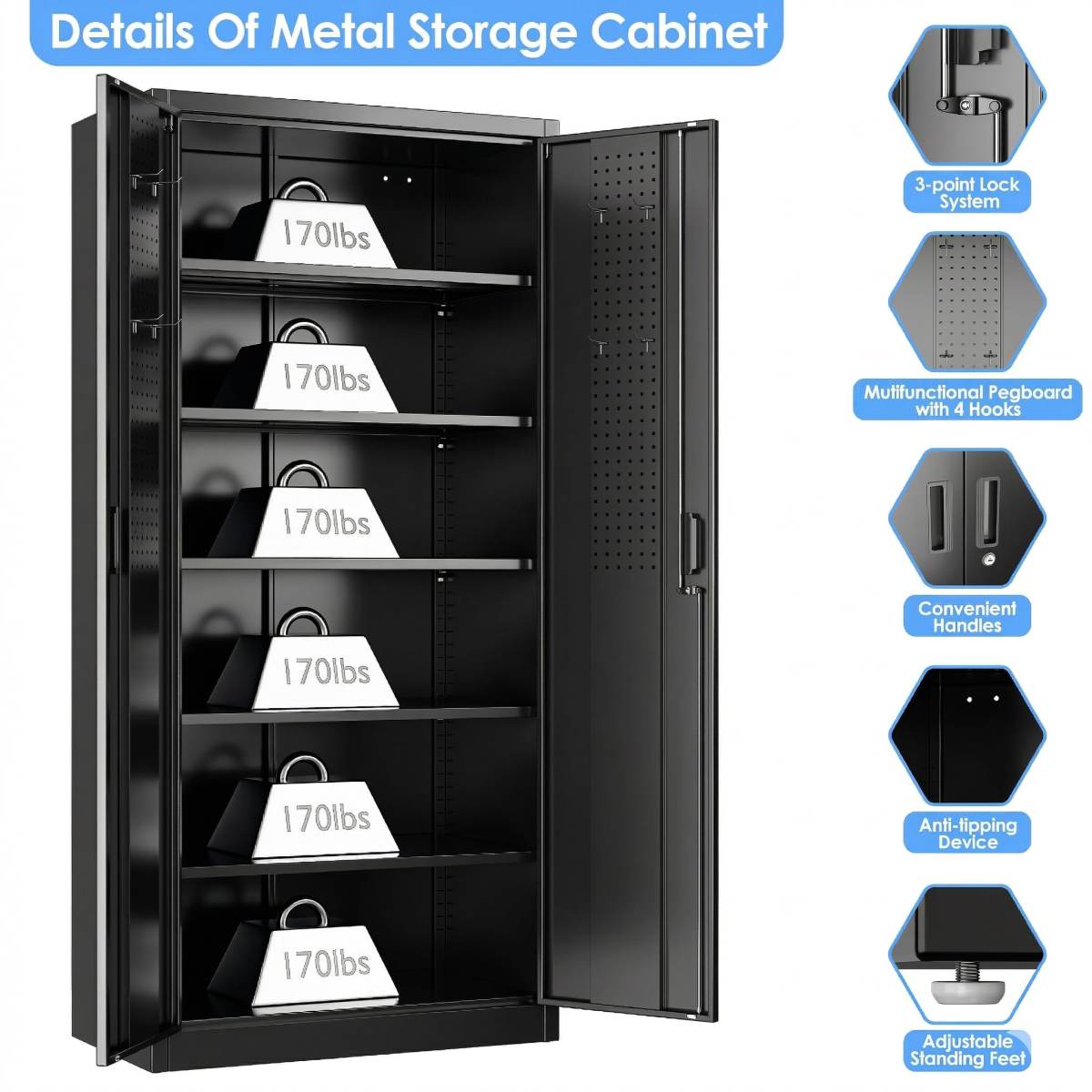 Garage Storage Cabinet With 5 Adjustable Shelves, Locking Metal Storage Cabinet With Pegboard Doors For Garage, Home, Black, Assembly Required