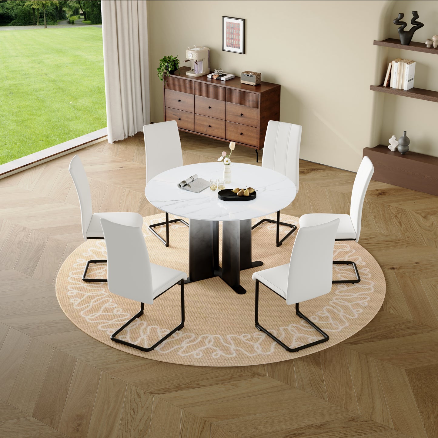Round White Marble Pattern MDF Dining Table, Black & White Gradient Legs With Cross Base, Compact 2-4 Person Kitchen Table For Small Spaces Home Modern Dining Room Furniture
