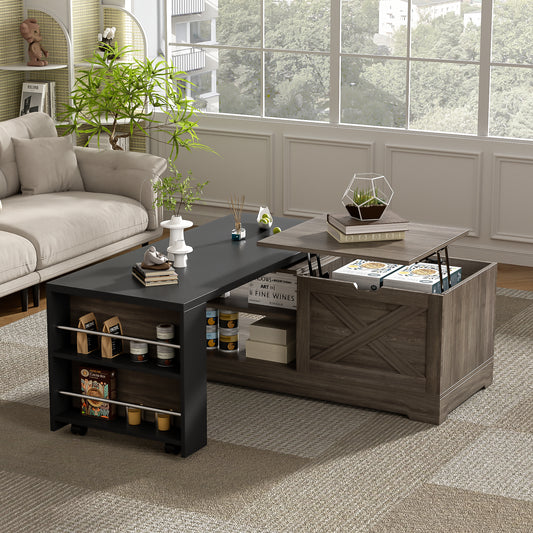 U-Can Farmhouse  Lift Top Coffee Table With Barn Doors, Wood Rectangle Center Table With Large Hidden Storage Space And Open Cabinet, For Living Room, Bedroom, Home Office