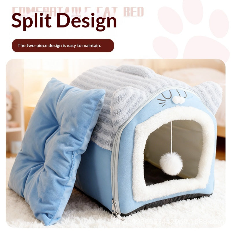 Removable And Washable Plush Warm Pet Bed With Full Enclosure