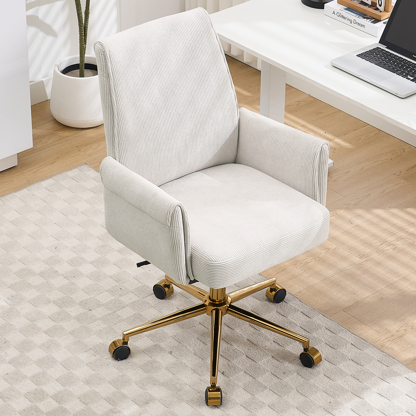Mid-back Liftable Office Chair, Striped Fabric, And Ergonomically Designed, Is An Excellent Choice For Working, Studying Or Relaxing. The Mid-back Design Provides A Better Sitting Experience,White