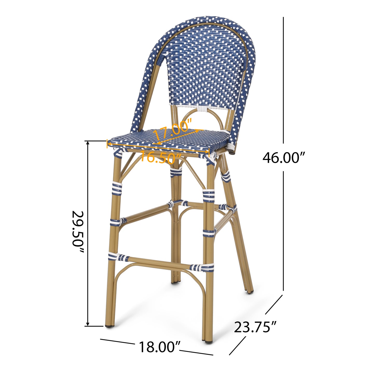 29.5 Outdoor PE Rattan French Barstool, Dark Teal And White, Aluminum Frame With Bamboo Finish  Set Of 2
