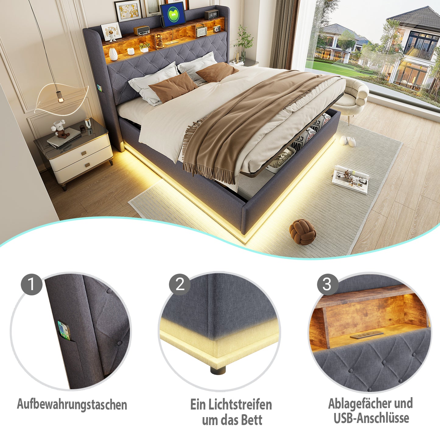 LED Upholstered Bed 160 X 200 Cm, Upholstered Storage Bed With USB Charging Port And Hydraulic Storage, Skin-friendly Linen Fabric, Grey