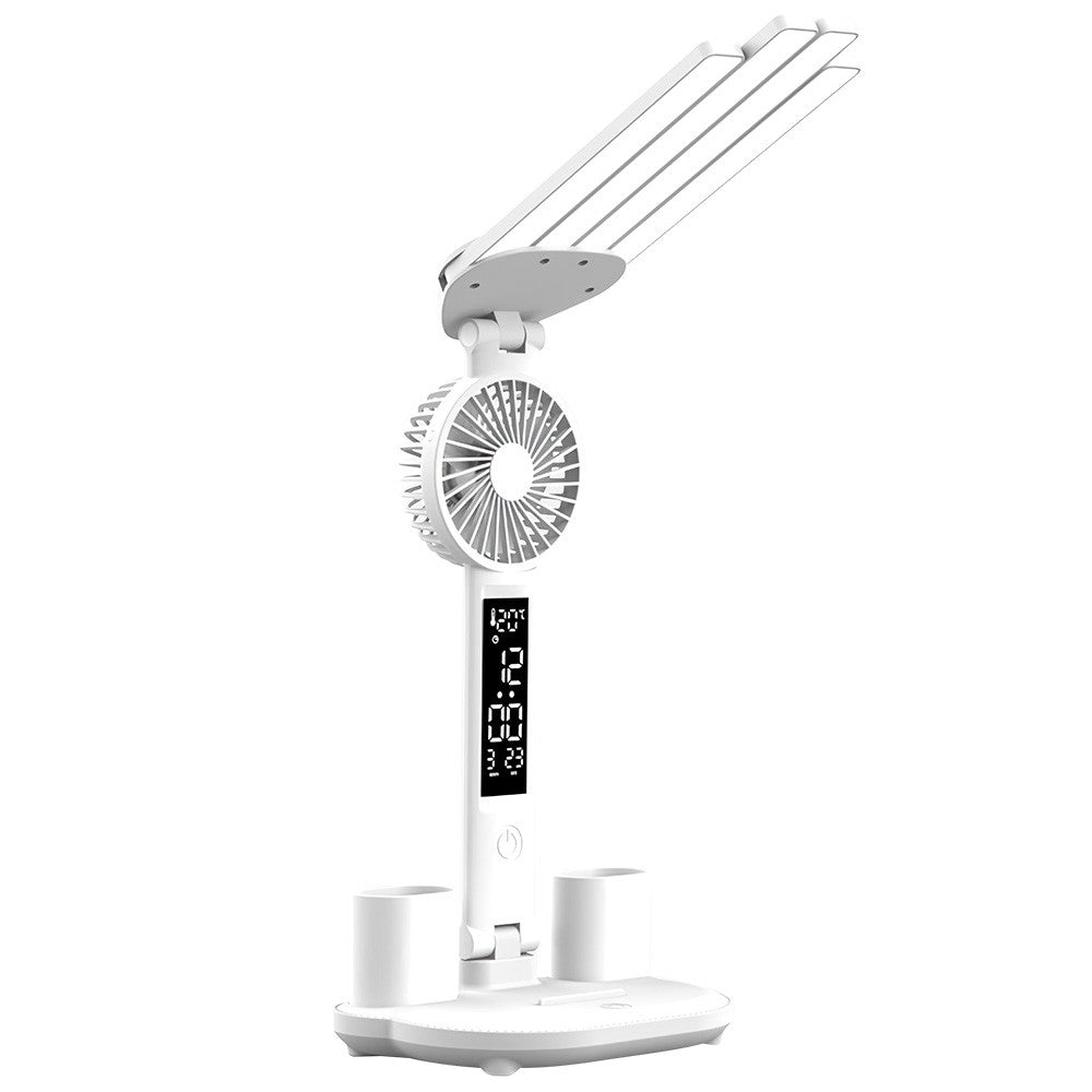 4-Head LED Desk Reading Lamp With Fan Clock Dimmable Rechargeable Touch Light
