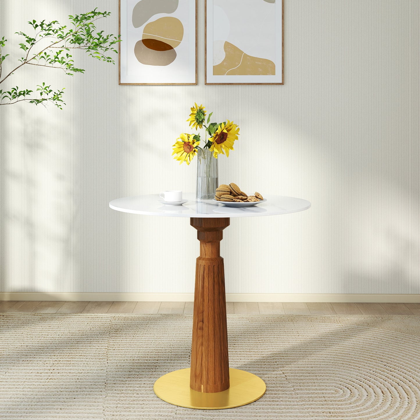 Modern Round Dining Table, 33.5  Sintered Stone Table With Wooden Leg & Gold Base, 2 - Person Kitchen Table For Small Space, 150lbs Weight Capacity Only The Negotiation Table