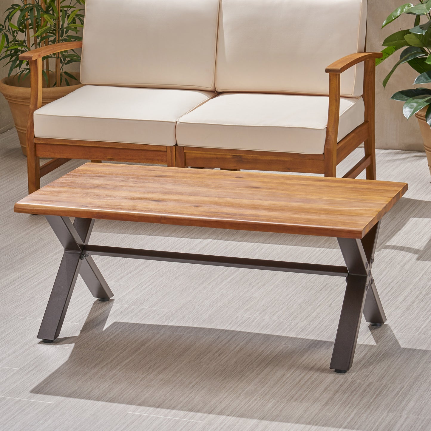 Outdoor Acacia Wood Coffee Table, Teak Finish   Rustic Metal,Black And Brown, 18 H X 27.25 W X 43.25 L