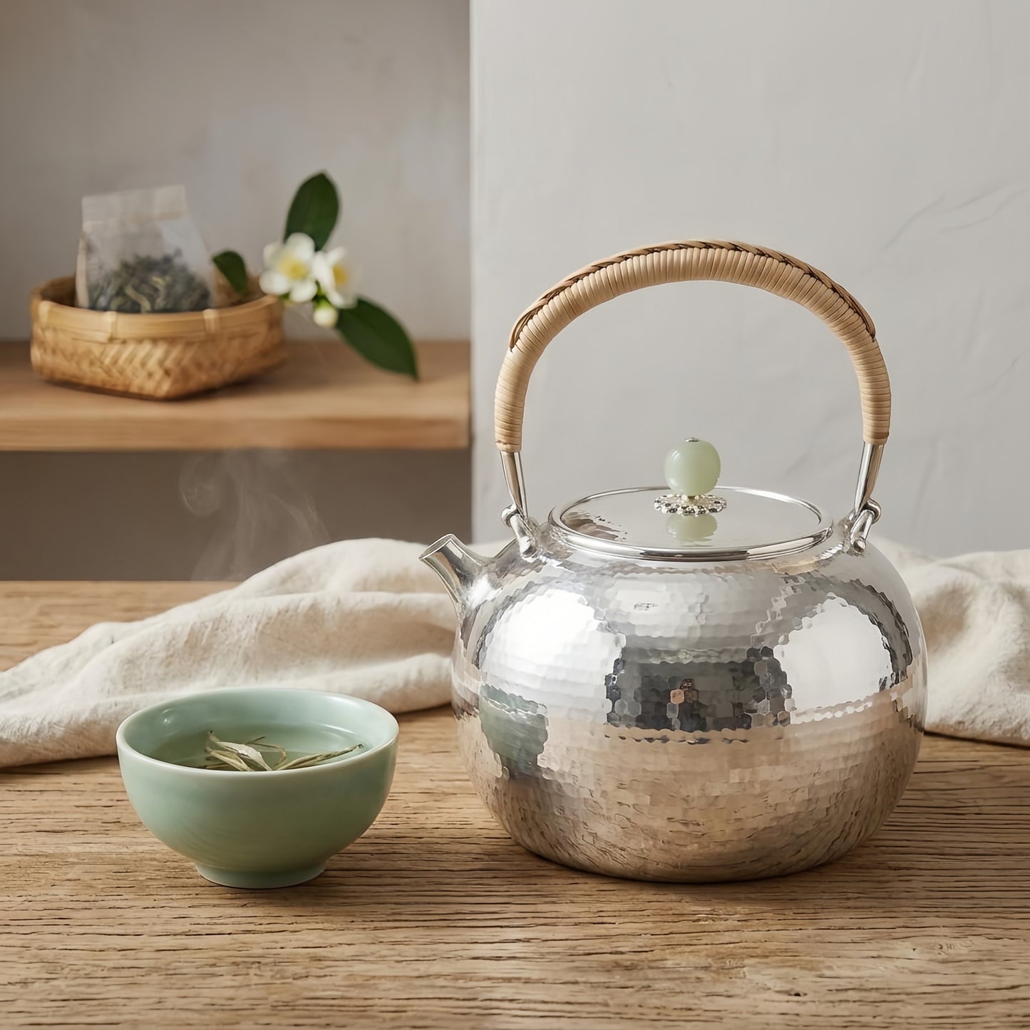 Pure 999 Fine Silver Elegant Hammered Silver Tea Kettle with Woven Rattan Handle and Jade Finial - Handicraft