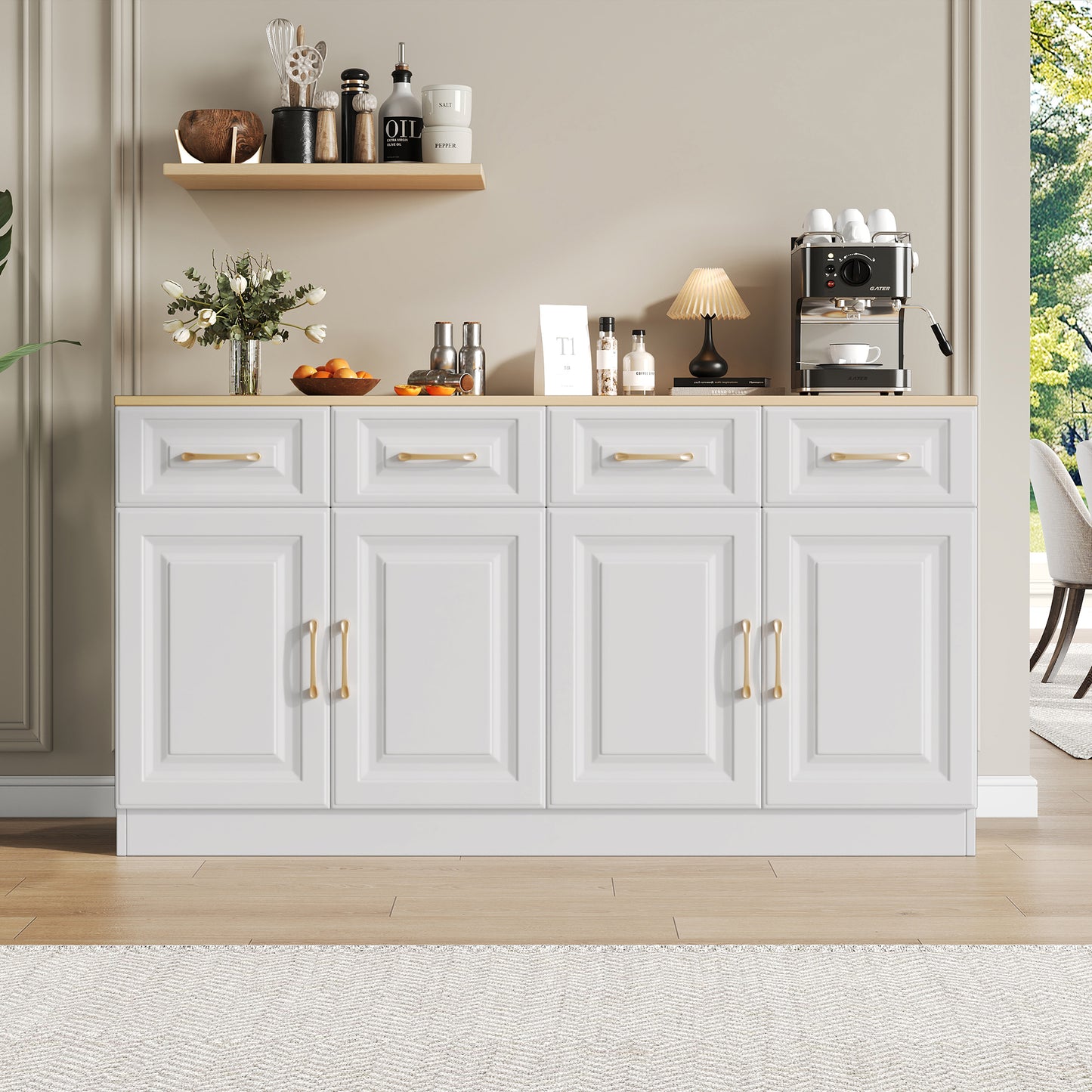 140 Cm Sideboard Buffet With Storage Space, Coffee Bar Cabinet With 4 Drawers And 4 Barn Doors, Long Storage Cabinet In Modern Farmhouse Style, White Wood, For Kitchen, Dining Room, Living Room