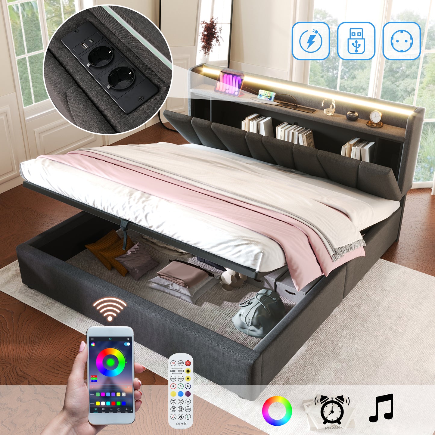 Upholstered Bed Double Bed With Charging USB Charging Function Storage Headboard And LED Lighting, Double Bed 140x200cm Storage Beds Bed Frame, Wooden Slatted Base, Grey  Without Mattress