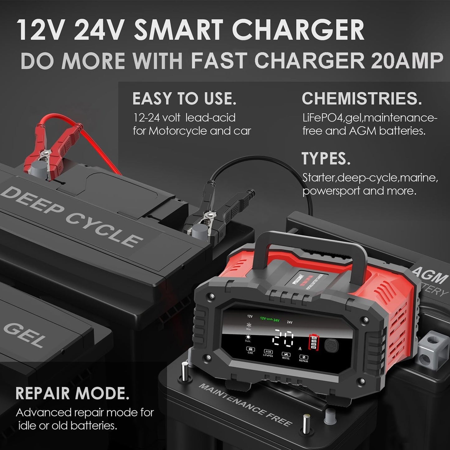 20A 12V 24V 20 Amp Car Battery Smart Charger For Lead Acid LiFePo4 AGM Battery